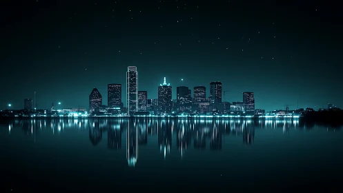 Night city skyline with water reflections and star field view.