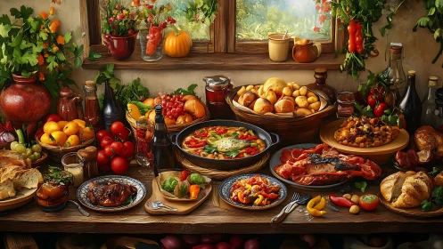 Table displays assorted rustic dishes and produce indoors