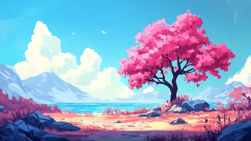 Pink tree stands by blue lake under bright daylight sky