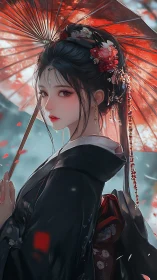 Scarlet parasol muse in drifting petals and twilight hush.