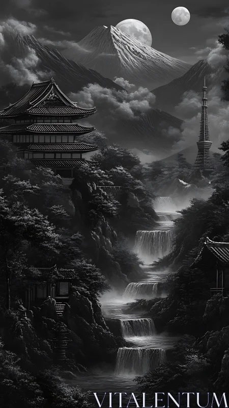 Moonlit cascades over temples in a dreamlike valley.