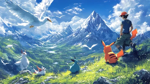 Anime trainer and creatures survey vast alpine valley.