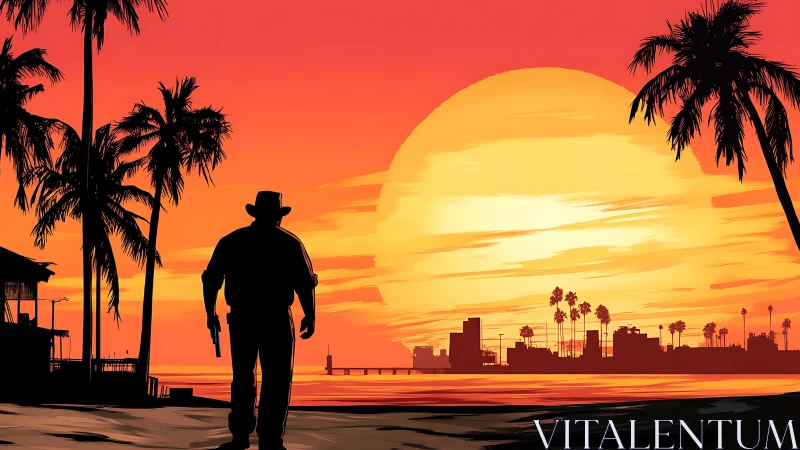 Gun-toting lone figure crosses neon-tinted tropical sunset shoreline.