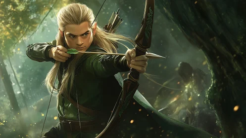 Elven archer draws bow in dynamic forest battle tableau