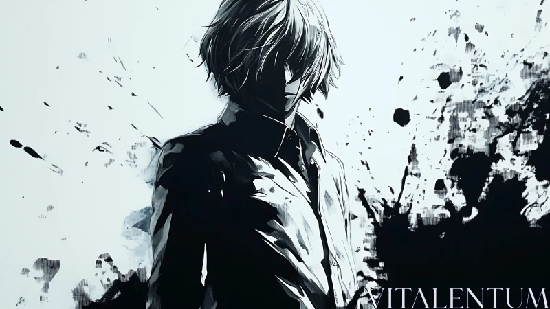 Brooding anime figure stands amid stark ink splashes.