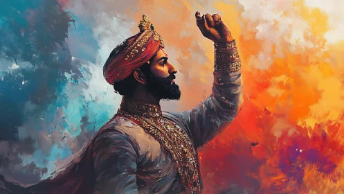 Regal warrior in dynamic chromatic brushwork profile stance.