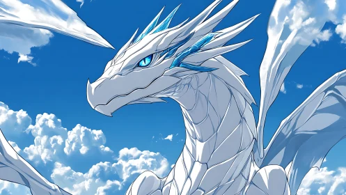 White dragon with blue eyes against bright sky clouds.