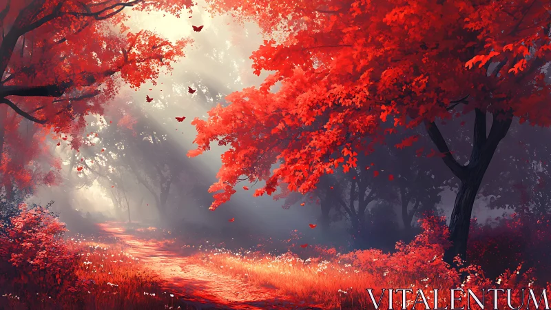 Red autumn forest canopy with glowing path and floating leaves.