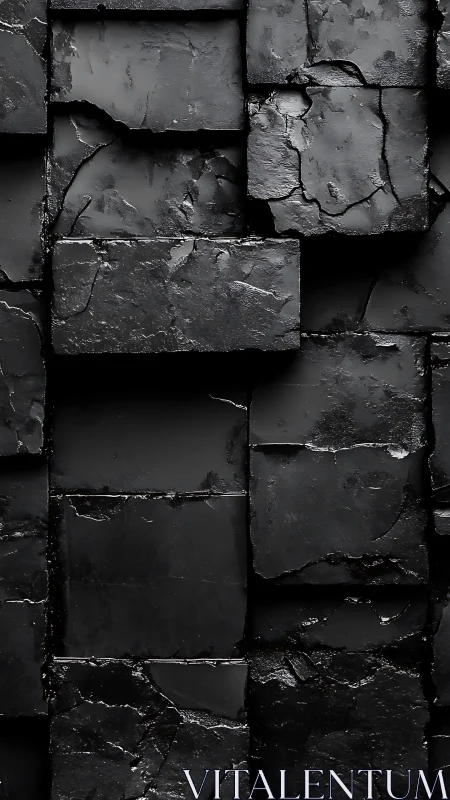 Stacked cracked black stone blocks form a vertical surface