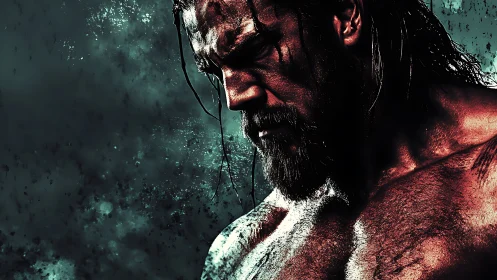 Battle-scarred titan brooding in teal stormlight silence.