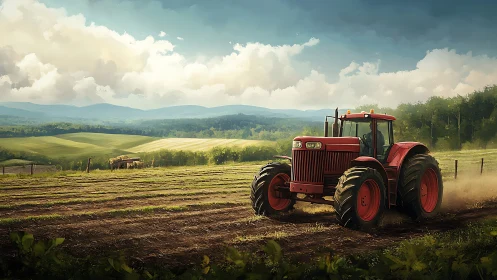 Red farm tractor plows rural field beneath rolling hills.