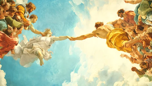 Ceiling fresco shows two central figures reaching across sky