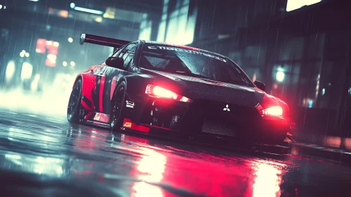 Night rain racer glowing with neon street reflections.