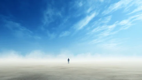 Solitary human figure in vast high-key desert under stratified sky