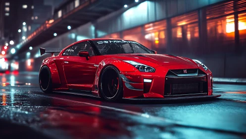 Modified red sports coupe parked on wet urban night street.