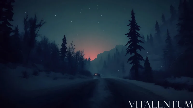 Winter forest highway at dusk with distant car lights aglow.