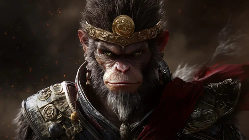 Crowned warrior monkey glaring through ember-bruised dusk.