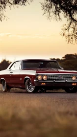 Red classic muscle car parked on rural road at sunset.