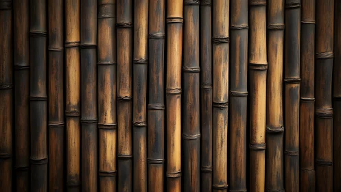 Vertical bamboo stalks form a tightly joined repetitive wall