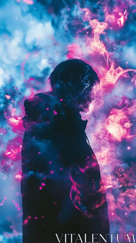 Silhouette ignites within neon cosmic firestorm clouds.