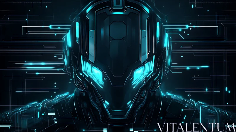 Neon warforged sentinel studies the circuitry of the void