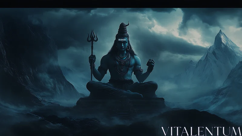 Seated blue deity with trident in mountainous night setting.