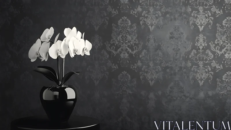 Monochrome orchid still life against damask wall surface.
