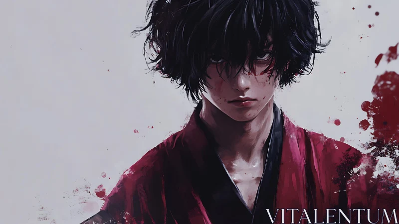 Digital painting portrait of brooding warrior in red kimono.