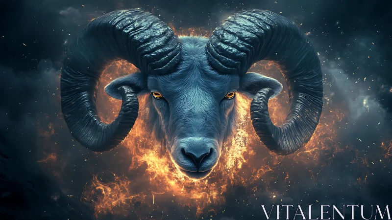 Ram head with curled horns framed by circular fiery explosion