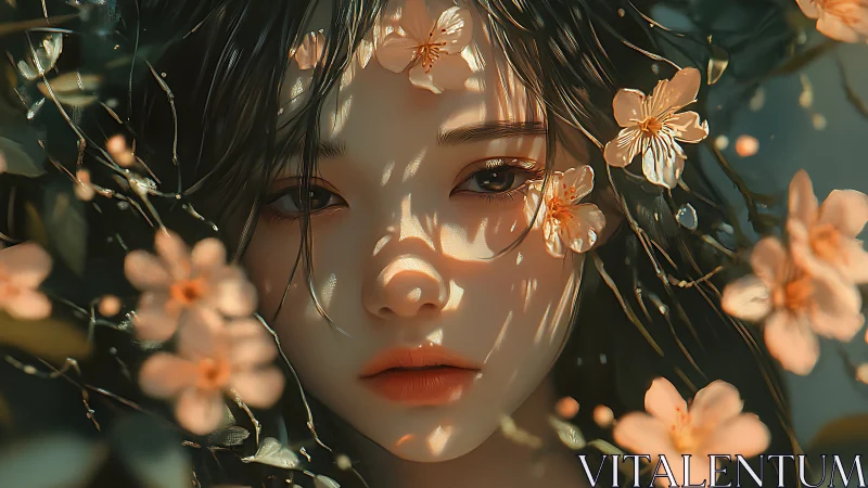 Soft spring gaze framed in drifting peach blossoms.