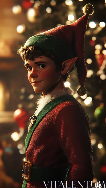 Christmas elf portrait rendered in warm cinematic lighting