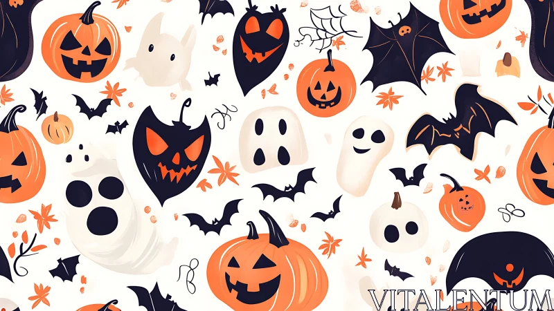 Playful Halloween pumpkins, ghosts, and bats dance in delight