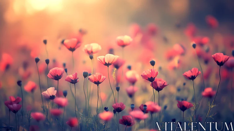Blushing meadow of coral poppies bathed in honeyed twilight.
