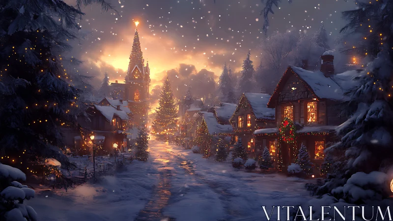 Snowlit Christmas village street under glowing twilight sky.