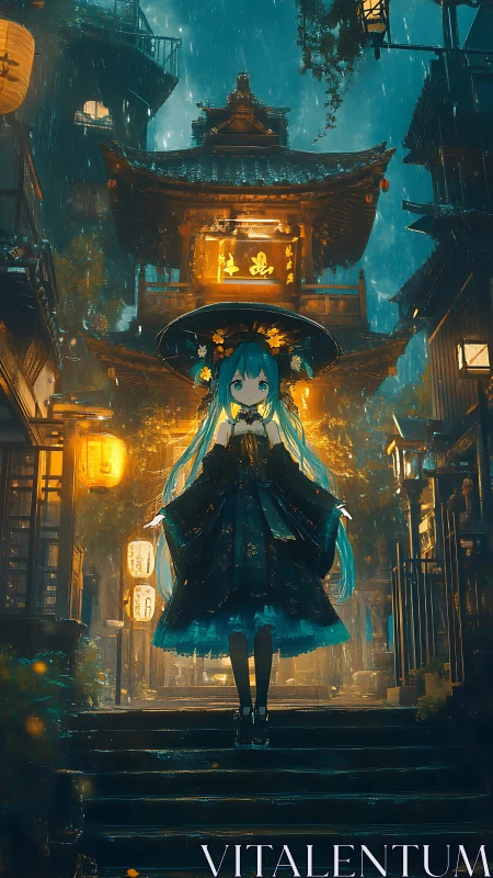 Neon-lit rain scene depicts teal-haired girl in noir kimono