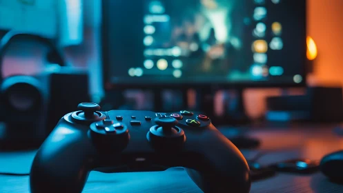 Game controller close-up under neon ambient desktop glow.