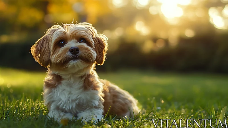 Sunlit park pup posing in a dreamy golden-hour glow.