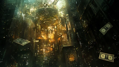 Golden cyber metropolis swirls around floating dollar bills.