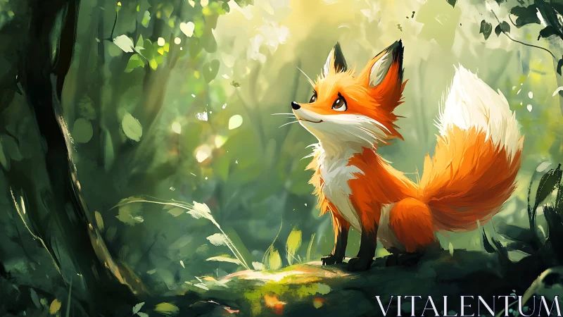 Curious little fox basking in soft forest morning light.