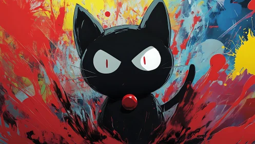 Black cartoon cat amid explosive abstract color field.