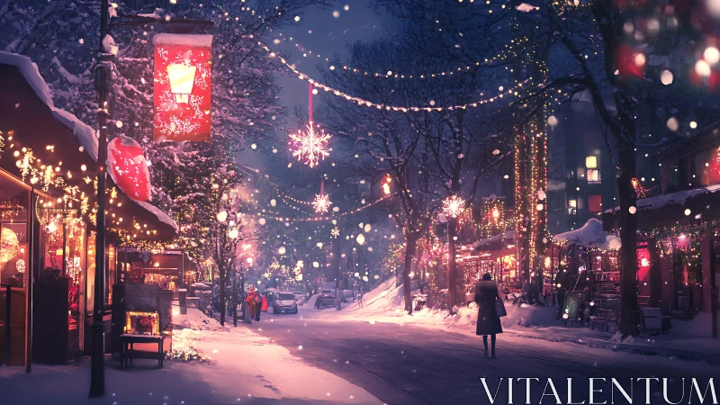 Snowy holiday street glows with warm festive lantern light.