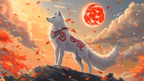 Mythic white fox beneath swirling crimson sun at dusk.