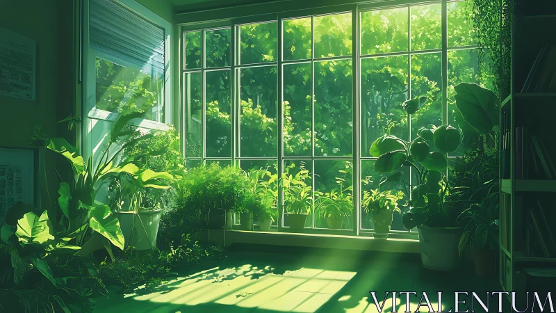 Photosynthetic indoor garden under directional window illumination.