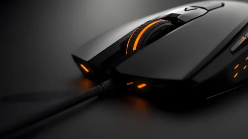 Sleek black gaming mouse with orange LED lighting, modern style.