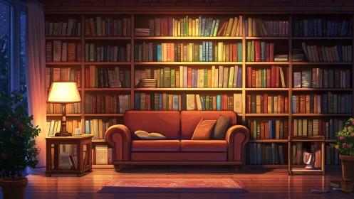 Evening-lit library lounge with saturated chromatic shelving.