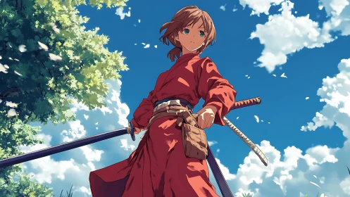 Low-angle dynamic samurai portrait under cumulus sky.
