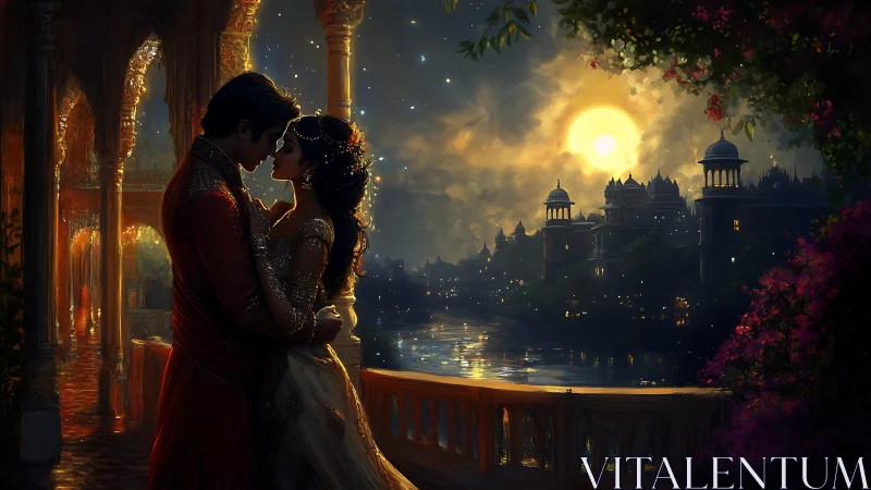 Moonlit Palace Romance Over River at Night.