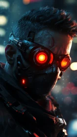 Cybernetic operative portrait with neon ocular augmentations.