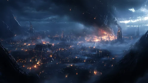 Apocalyptic Cityscape Engulfed in Flames and Smoke