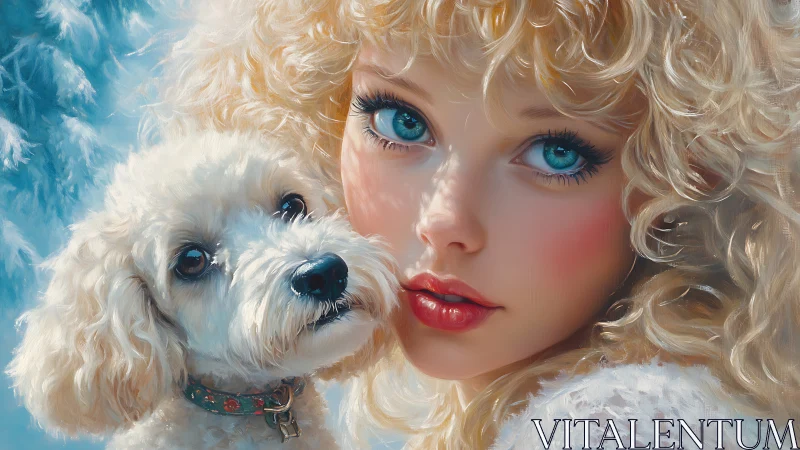 Blonde girl with blue eyes holding white poodle in winter